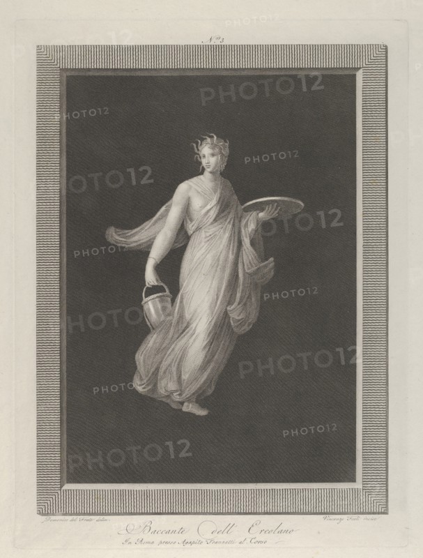 A partly naked bacchante holding a disk in her raised left hand and a bucket in her right, ca. 1795-1820.