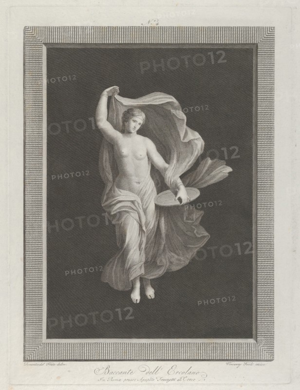 A partly nude bacchante holding a disk in her left hand and raising her garments with right, ca. 1795-1820.