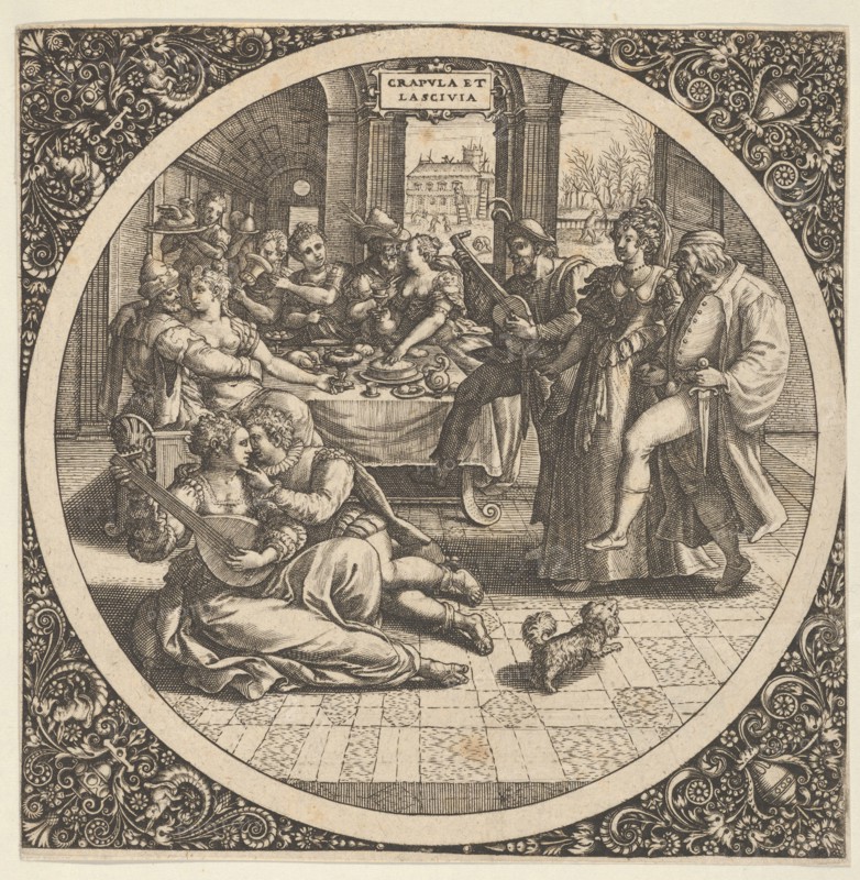 Scene with Galants at a Banquet in a Circle at Center, 1580-1600. Creator: Theodor de Bry.