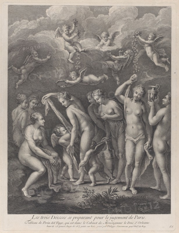 Hera, Aphrodite, and Athena preparing themselves for the contest of beauty before Paris; from 'Recueil d'estampes d'après les plus beaux tableaux et d'après les plus beaux desseins qui sont en France, Cabinet Crozat' after Perino del Vaga, ca. 1729-40.