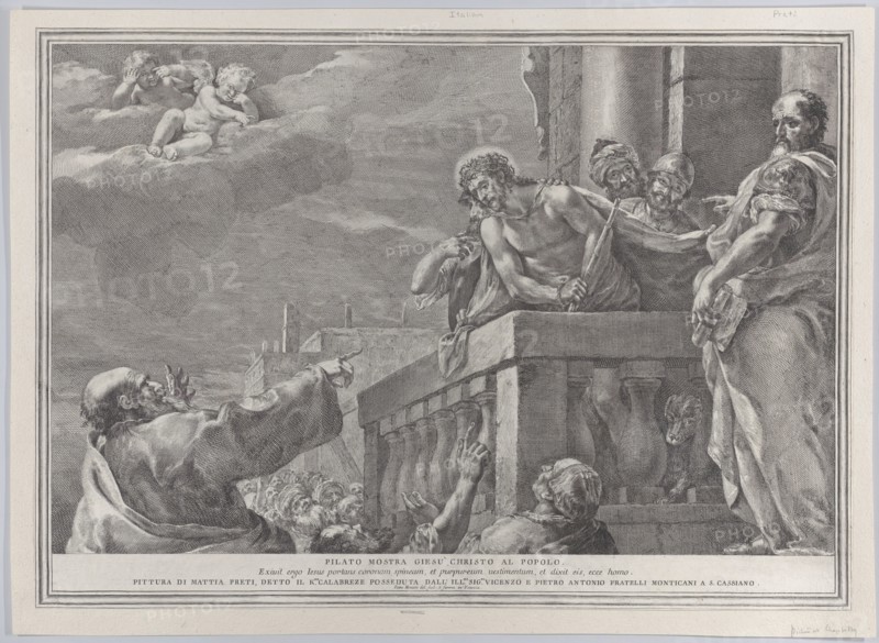 Christ on a balcony surrounded by guards, Pilate stands to the right gesturing toward him; from the series of 112 prints of the sacred history, after the painting by Mattia Preti, ca. 1730-39.