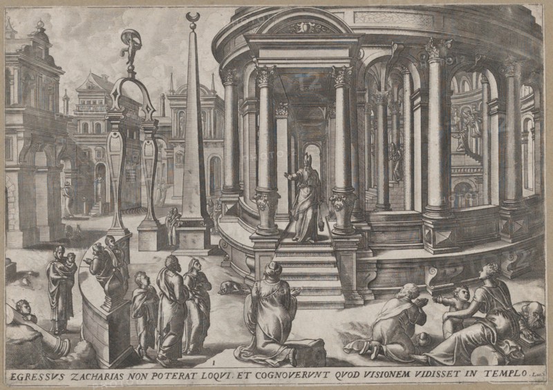 Zacharias Stepping out of the Temple, from the series Events in and around the Temple, ca. 1572.
