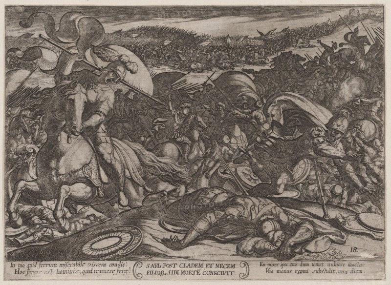 Plate 18: Saul's Suicide after His Defeat by the Philistines, from 'The Battles of the Old Testament', ca. 1590-ca. 1610.