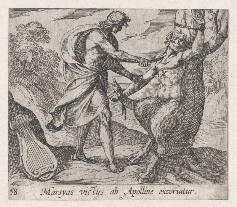 Plate 58: Apollo Killing Marsyas (Marsyas victus ab Apolline excoriatur), from Ovid's 'Metamorphoses', 1606.