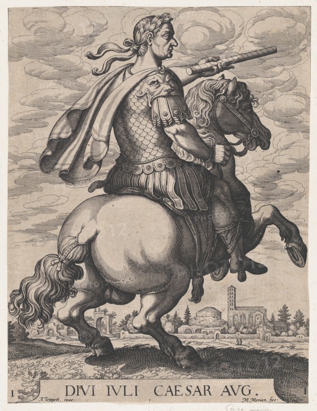 Plate 1: Emperor Julius Caesar on Horseback, from ' The First Twelve Roman Caesars', after Tempesta, 1610-50.