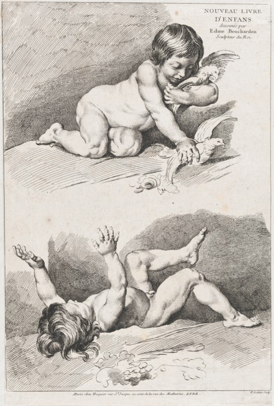 Two nude children playing with a leaf; from New Book of Children, 1720-60.