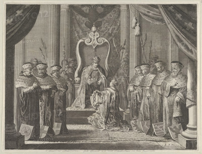 Plate 8: Emperor Maximilian II granting a crown to the coat of arms of Amsterdam, from Caspar Barlaeus, "Medicea Hospes", 1638.