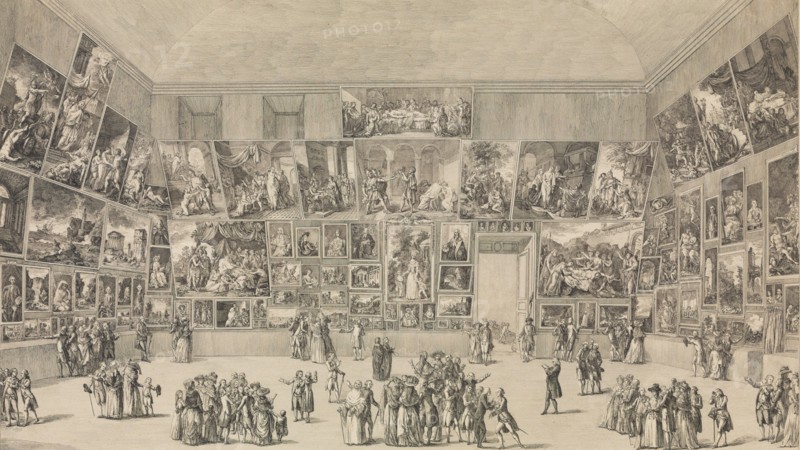 View of the Salon of 1785, 1785. [Coup d'oeil exact de l'arrangement des Peintures au Salon du Louvre, en 1785].