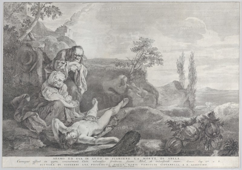Adam and Eve at left, as an elderly couple, mourning over the corpse of Abel who lies in front of them as Cain disappears in the distance at right, 1743-63.