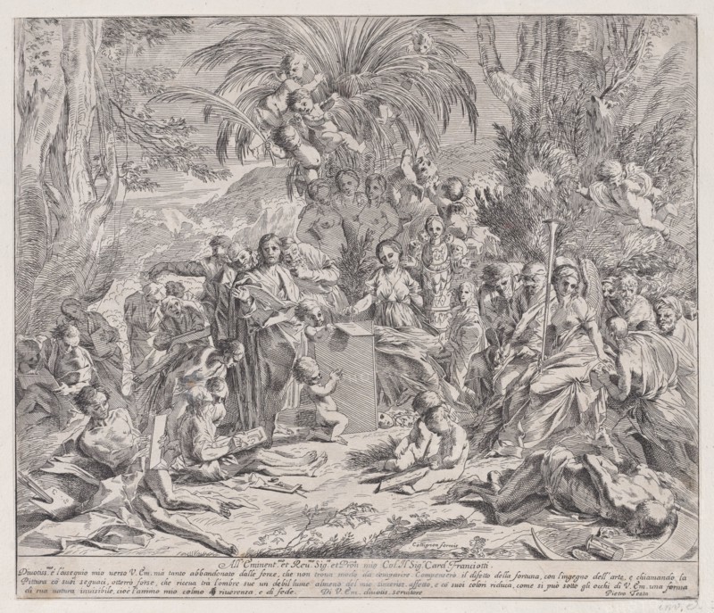 An allegory of painting, who as a child in the centre left draws on a tablet, surrounded by figures, many of whom are drawing, 1650-1700.