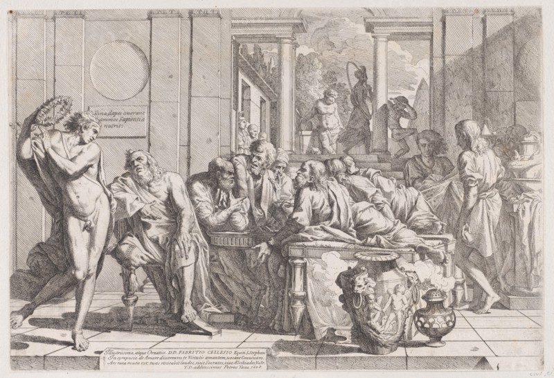 Plato's symposium: Socrates and his companions seated around a table discussing ideal love interruputed by Alcibiades at left, 1648.