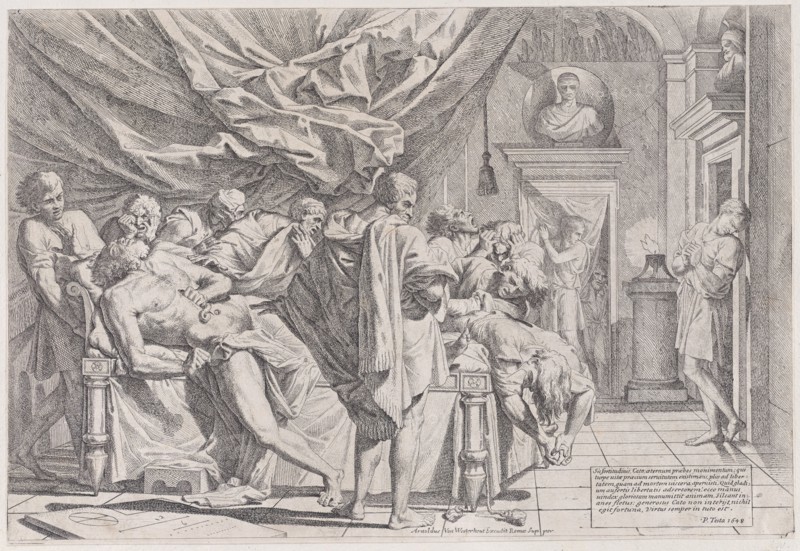 The suicide of the philosopher Cato, who lies on his bed pulling out his innards watched by horrified disciples, 1648.