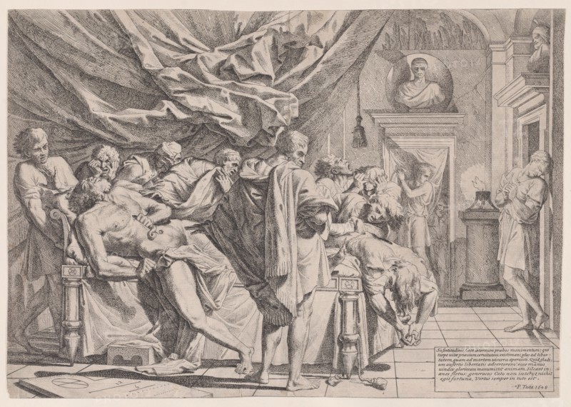 The suicide of the philosopher Cato, who lies on his bed pulling out his innards watched by horrified disciples., 1648.