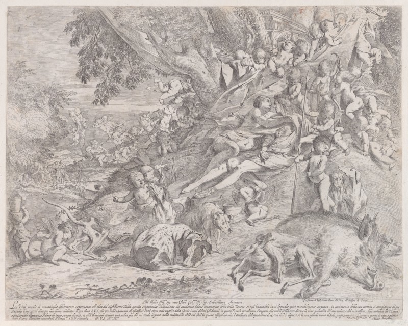 Venus and Adonis, surrounded by many putti, reclining after the hunt, with a dead boar in the lower right, 1631-37.
