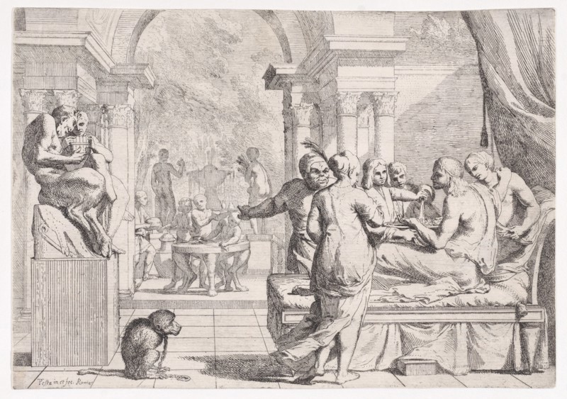 The prodigal son seated on a couch being served wine, revelers in the background, a monkey wearing a collar and chain in the lower left, from a series of four prints, ca. 1645.