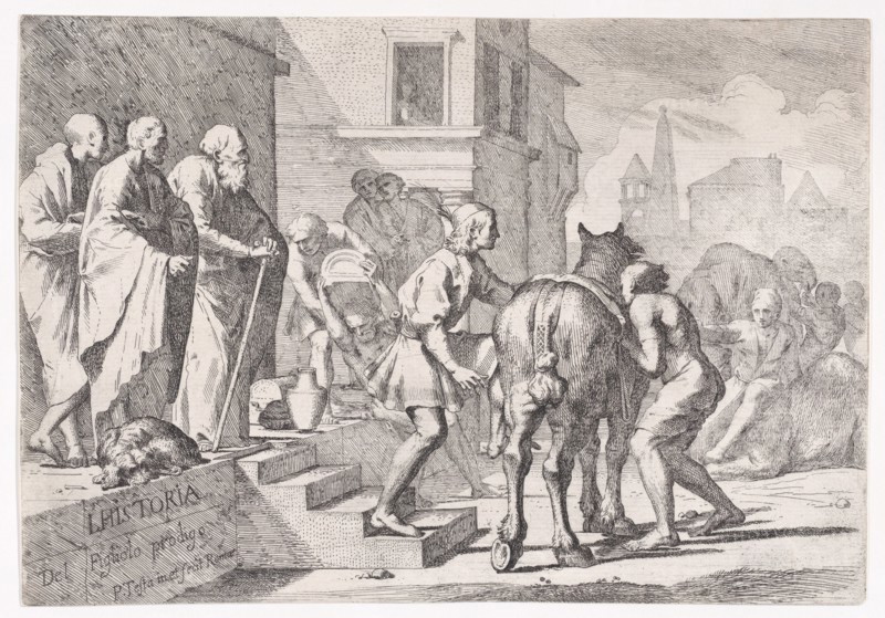 The departure of the prodigal son, shown about to mount a horse, from a series of four prints, ca. 1645.