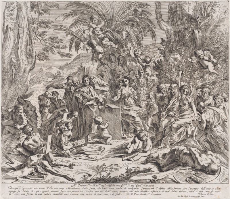 An allegory of painting, who as a child in the centre left draws on a tablet, surrounded by figures, many of whom are drawing, 1637-38.