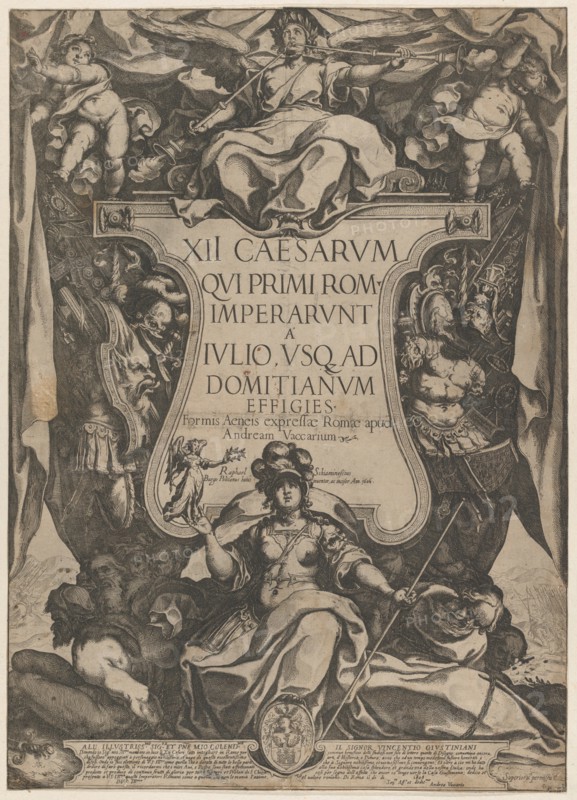 Frontispiece with a trumpeter sounding trumpets seated on top of a cartouche flanked by trophies, from 'The Twelve Caesars', 1606.