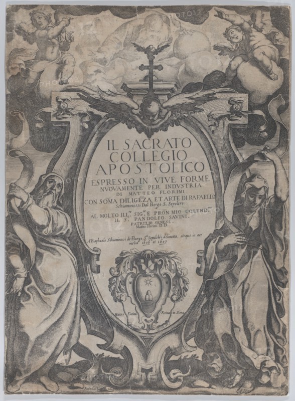 Frontispiece with two figures holding scrolls and cherubs flanking the cartouche at center, from 'The Consecrated Apostolic College' (Il sacrato collegio apostolico), 1606-07.