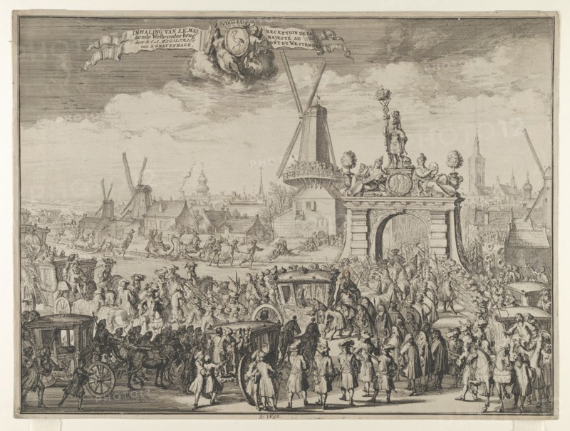 Entrance of William III into The Hague (Inhaling van S.K. Maj. aende Westeynder brug door de E.A. Magistraet van s'Gravenhage / Reception de sa Majesté au pont du Westende) from Bidloo, Inkomste van Koning Willem III, 1691.