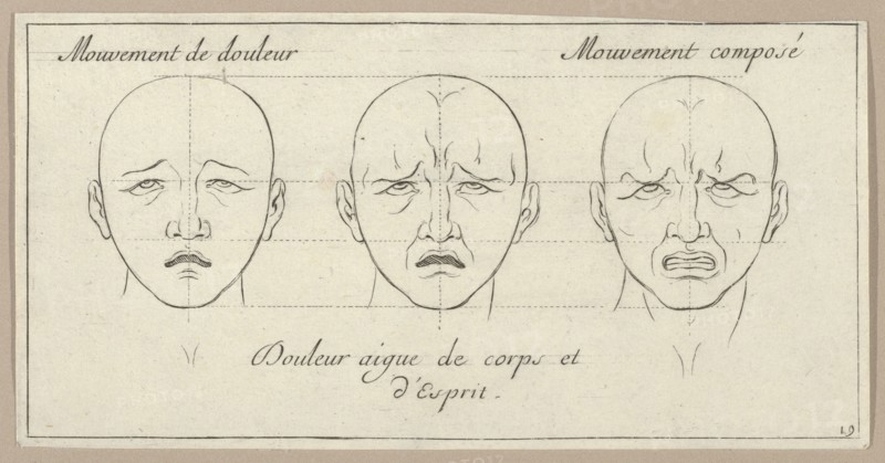Mouvement de douleur, Douleur aigue de corps et d'Esprit, Mouvement composé (from Caractères des passions, gravés sur les desseins de l'illustre Monsieur le Brun), 1695-1720.