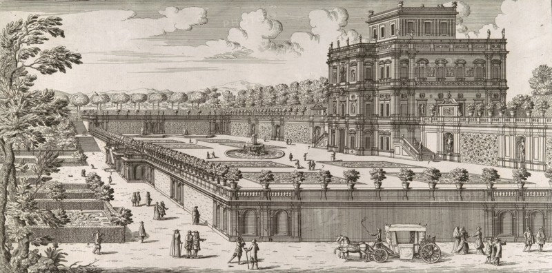 View of the side facade of the Palazzo Pamphili and its garden (Secondo prospetto per fianco del palazzo con diversa veduta del giardino del Bel respiro...Pamphilio), after 1677.