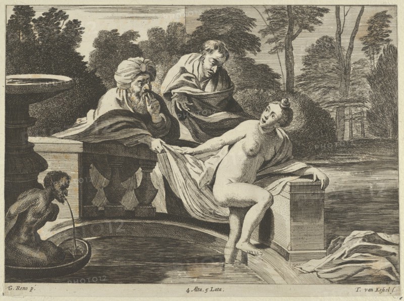 Susanna, partly naked and stepping out of a fountain with two elders at left, one of them pulling at her garment, after Reni, ca. 1656-60.