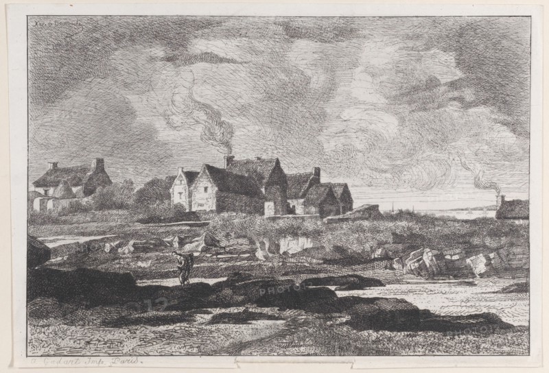 Country landscape with a river running at right and houses in the background, 1845-75.