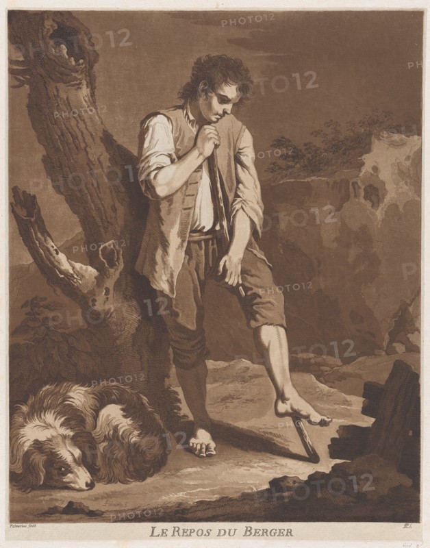 The Shepherds Rest; a young man resting on a stick while his dog lies at his feet, ca. 1757-1804.