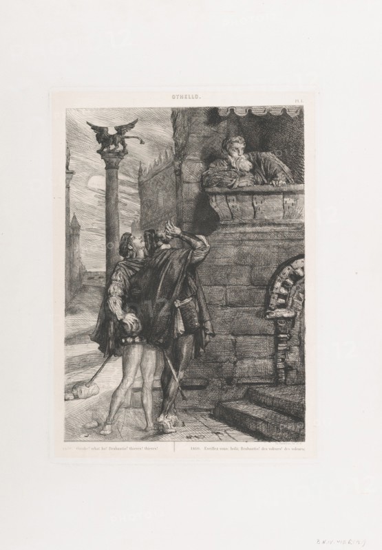 Owake! what ho! Brabantio! thieves! thieves!: plate 1 from Othello (Act 1, Scene 1), 1844.