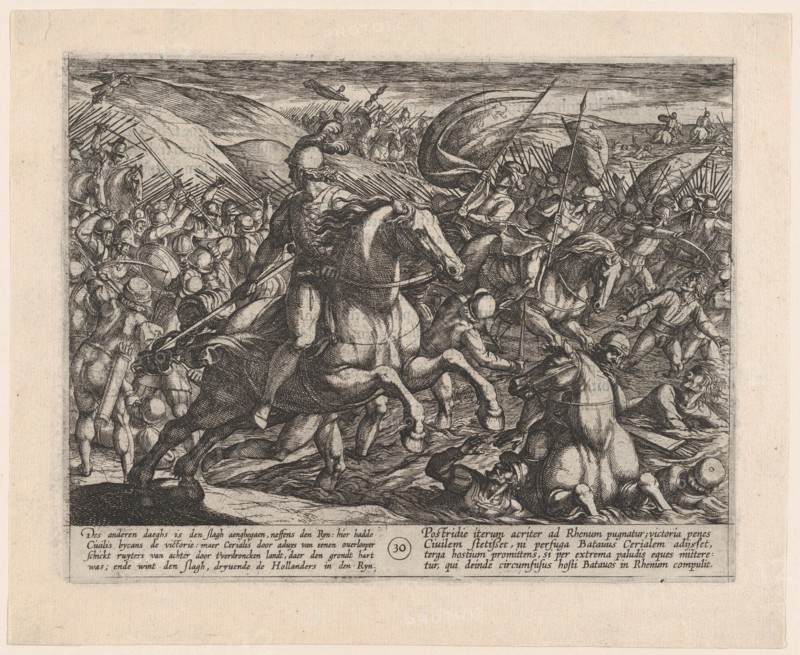 Plate 30: Cerialis Driving the Dutch into the Rhine, from The War of the Romans Against the Batavians, 1611.