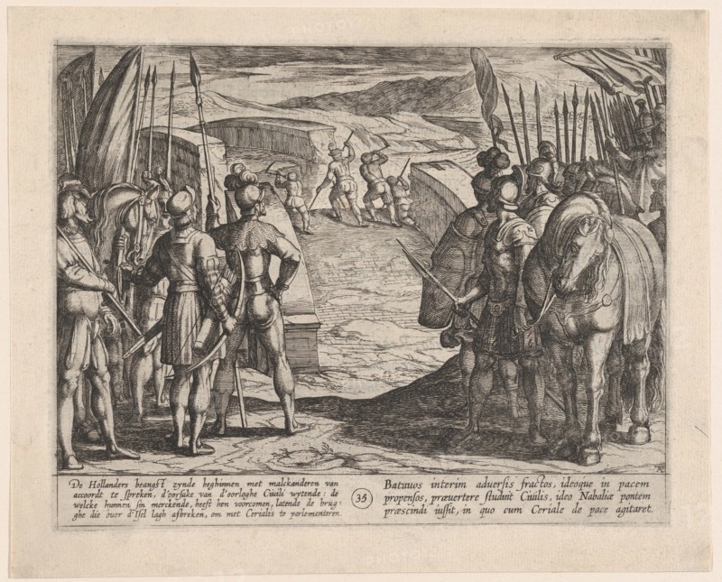 Plate 35: The Batavians Become Afraid and Begin Peace Talks, from The War of the Romans Against the Batavians, 1611.