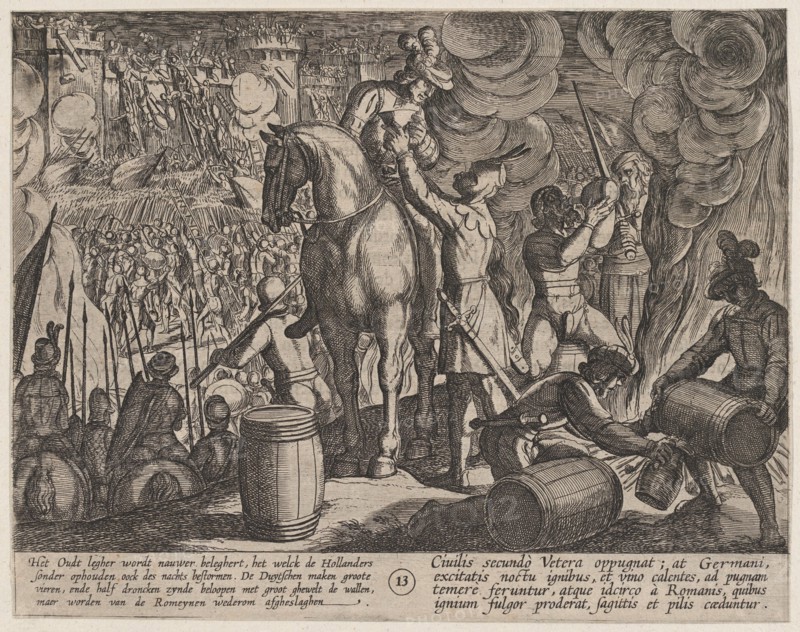 Plate 13: Attack on the Roman Fortress at Night, from The War of the Romans Against the Batavians (Romanorvm et Batavorvm societas), 1611.