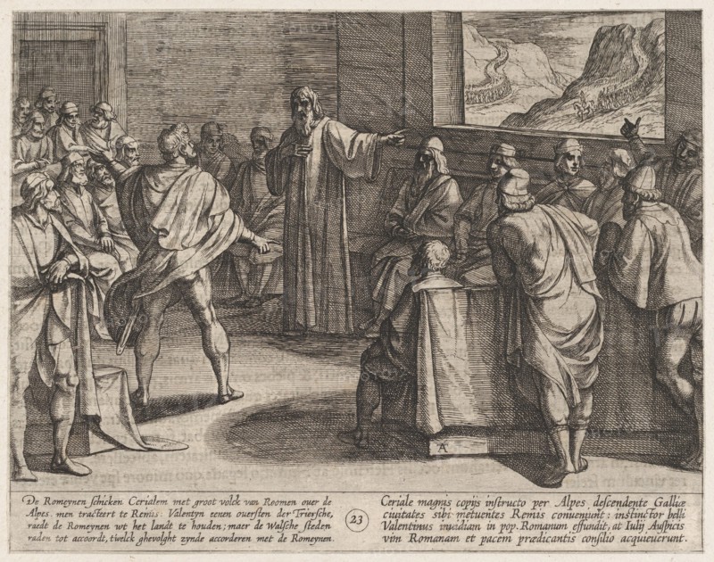 Plate 23: Conference on What Steps to Take Upon the Romans' New Troops Approaching Across the Alps, from The War of the Romans Against the Batavians (Romanorvm et Batavorvm societas), 1611.