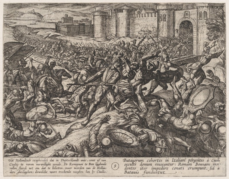 Plate 9: The Romans Defeated by the Dutch Troops at Bonna, from The War of the Romans Against the Batavians (Romanorvm et Batavorvm societas), 1611.