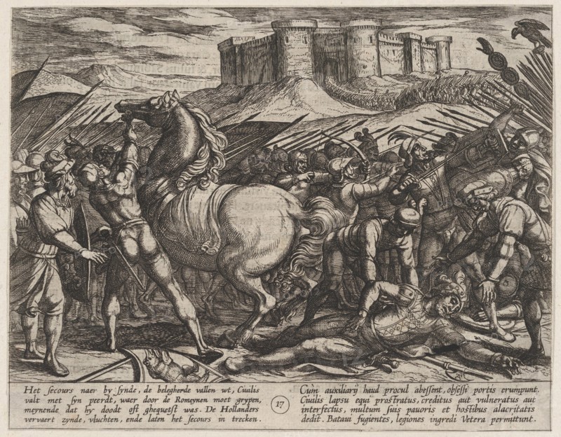 Plate 17: The Romans Misled by Civilis' Horse to Believe that He was Dead or Injured, from The War of the Romans Against the Batavians (Romanorvm et Batavorvm societas), 1611.