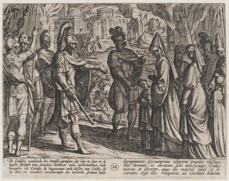 Plate 28: Cologne Troops Bring Civilis' Wife and Sister to Cerialis, from The War of the Romans Against the Batavians (Romanorvm et Batavorvm societas), 1611.