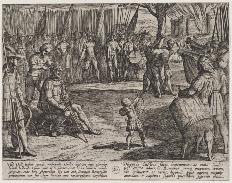 Plate 20: Civilis Having his Hair Cut, from The War of the Romans Against the Batavians (Romanorvm et Batavorvm societas), 1611.