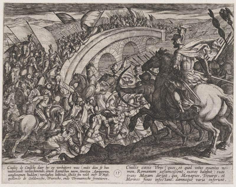 Plate 11: Civilis' Troops Crossing the Maas River, from The War of the Romans Against the Batavians (Romanorvm et Batavorvm societas), 1611.