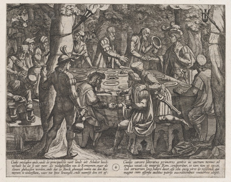 Plate 4: Civilis tells the Dutch Elders that They are Being Treated Like Slaves by the Romans, from The War of the Romans Against the Batavians (Romanorvm et Batavorvm societas), 1611.