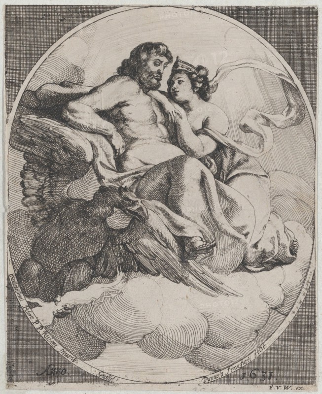 Jupiter and Juno seated on clouds, with an eagle holding thunderbolts below at left, 1631.