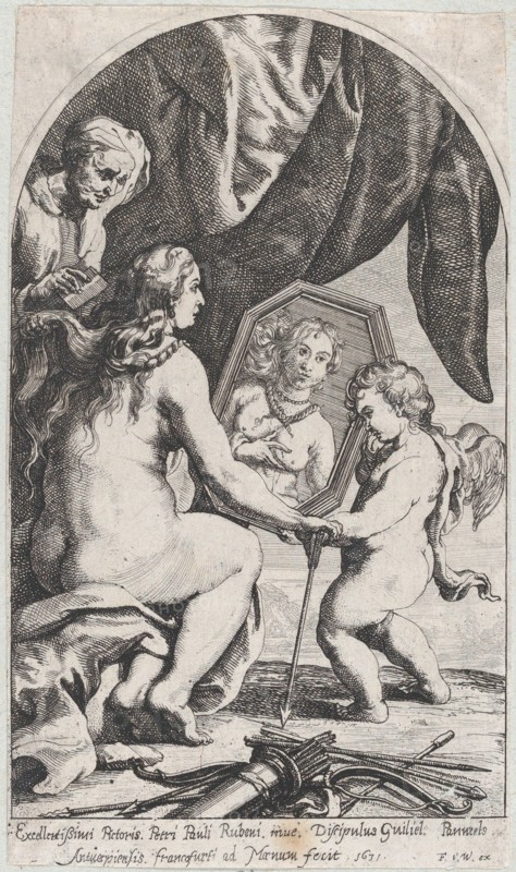 Venus before a mirror held by Cupid while her hair is combed by an old woman, 1631.