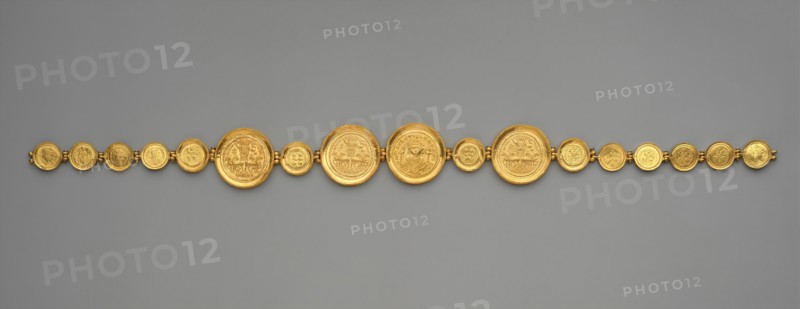 Girdle with Coins and Medallions, Byzantine, ca. 583, reassembled after discovery. Four medallions depicting the emperor Maurice Tiberius (r. 582-602)