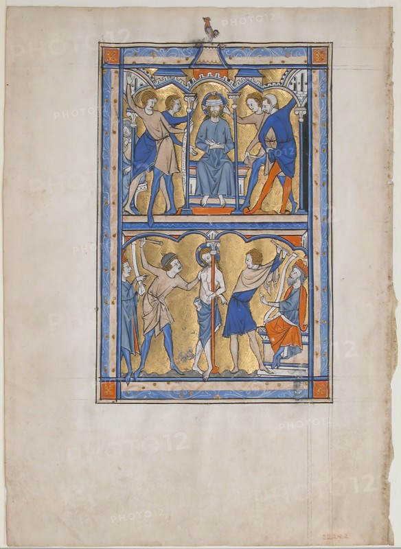 Manuscript Leaf with the Mocking and Flagellation of Christ, from a Royal Psalter, British, 13th century.