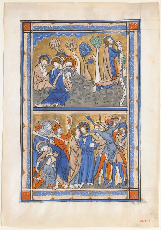 Manuscript Leaf with the Agony in the Garden and Betrayal of Christ, from a Royal Psalter, British, ca. 1270. Psalter  made for an English monarch, probably Queen Eleanor of Provence (ca. 1223-1291),