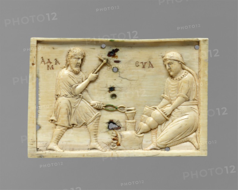 Panels from an Ivory Casket with the Story of Adam and Eve, Byzantine, 10th or 11th century. Adam and Eve, identified with Greek inscriptions, work at a metal forge.