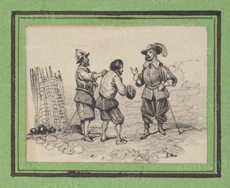 Three men arguing, mid-19th century.