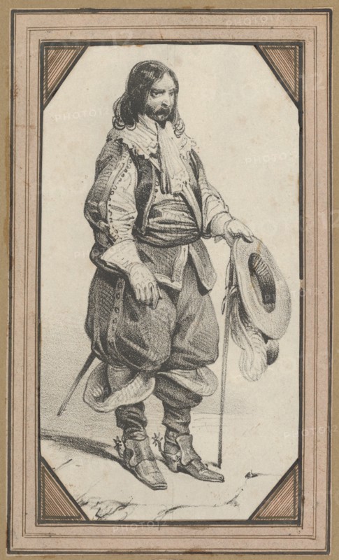 Man holding a cane and a hat, mid-19th century.