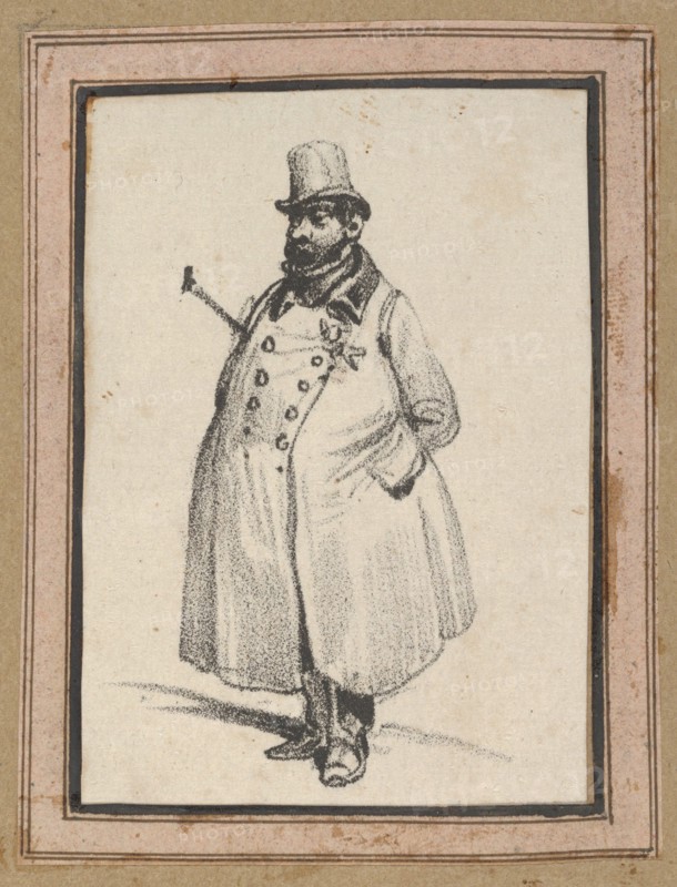 Man wearing a coat and a hat with a cane under his arm, mid-19th century.