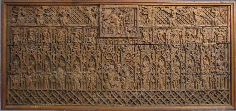 Altar Frontal, British, late 14th century. The Epiphany, or Adoration of the magi (above), and the Coronation of the Virgin (below), with twelve apostles standing to either side among angels.